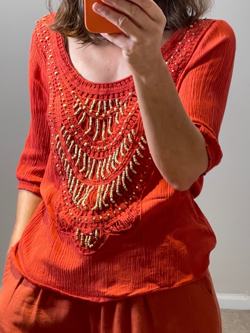Illa Illa beaded embroidered coral red 3/4 sleeve top women S